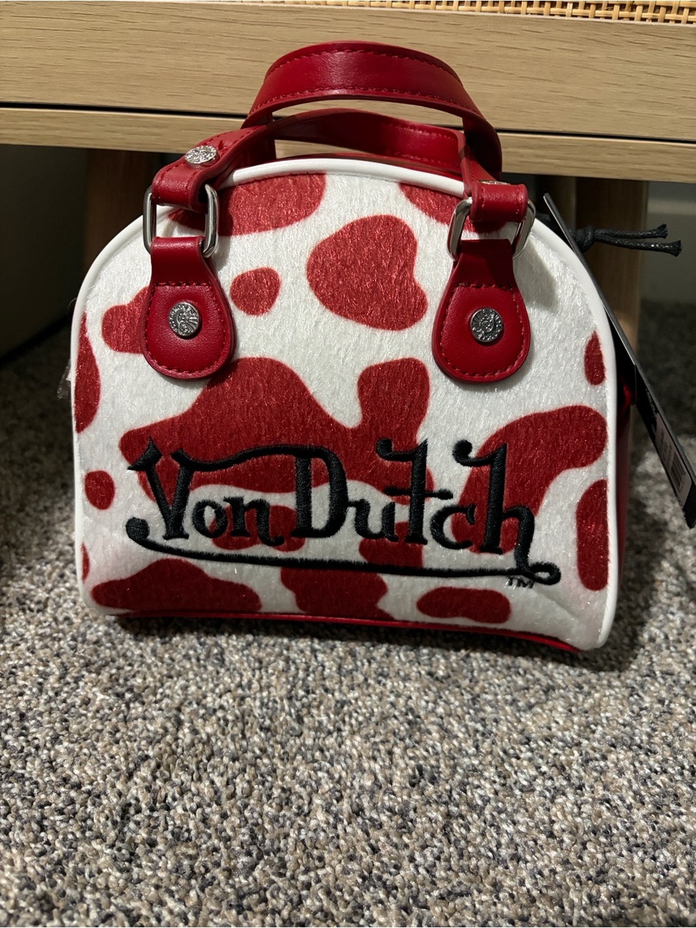 Von Dutch Red & White Cow-Print Mini Top-Handle Bag